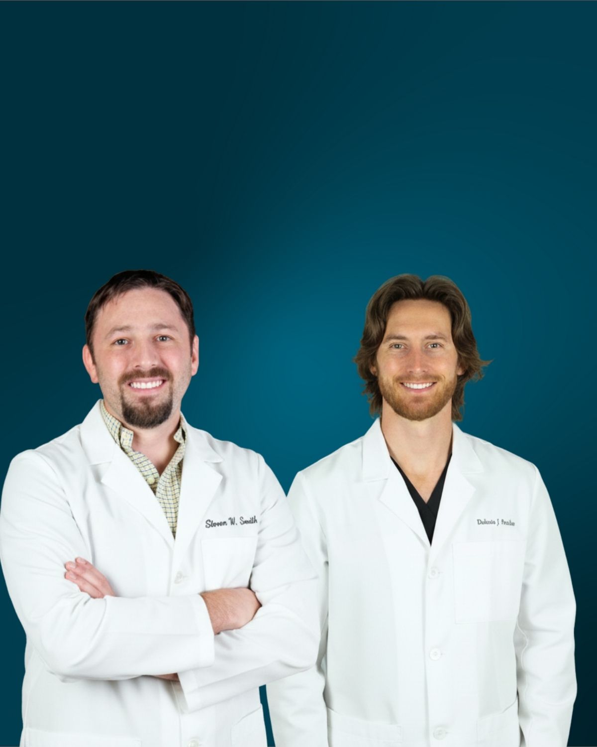 Dr. Steven W. Smith and Dr. Dakota James Peachee, dentists at Myrtle Grove Implant & Family Dentistry in Wilmington, NC, wearing white lab coats